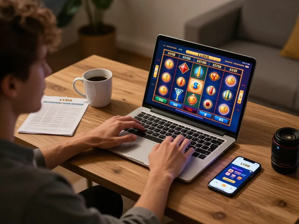 Player enjoying LV88 online slot games on laptop, showcasing colorful reels in an engaging home setup.