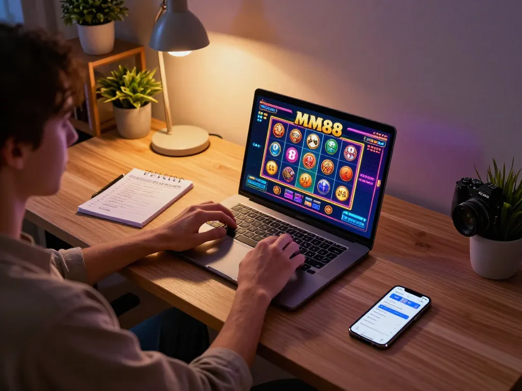Player enjoying MM88 online slots on a laptop with strategic notes at a cozy home office.