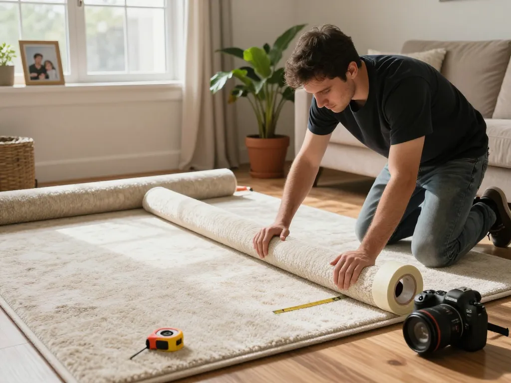 Carpet fitters near me installing plush carpet in a cozy living room with tools and natural light.