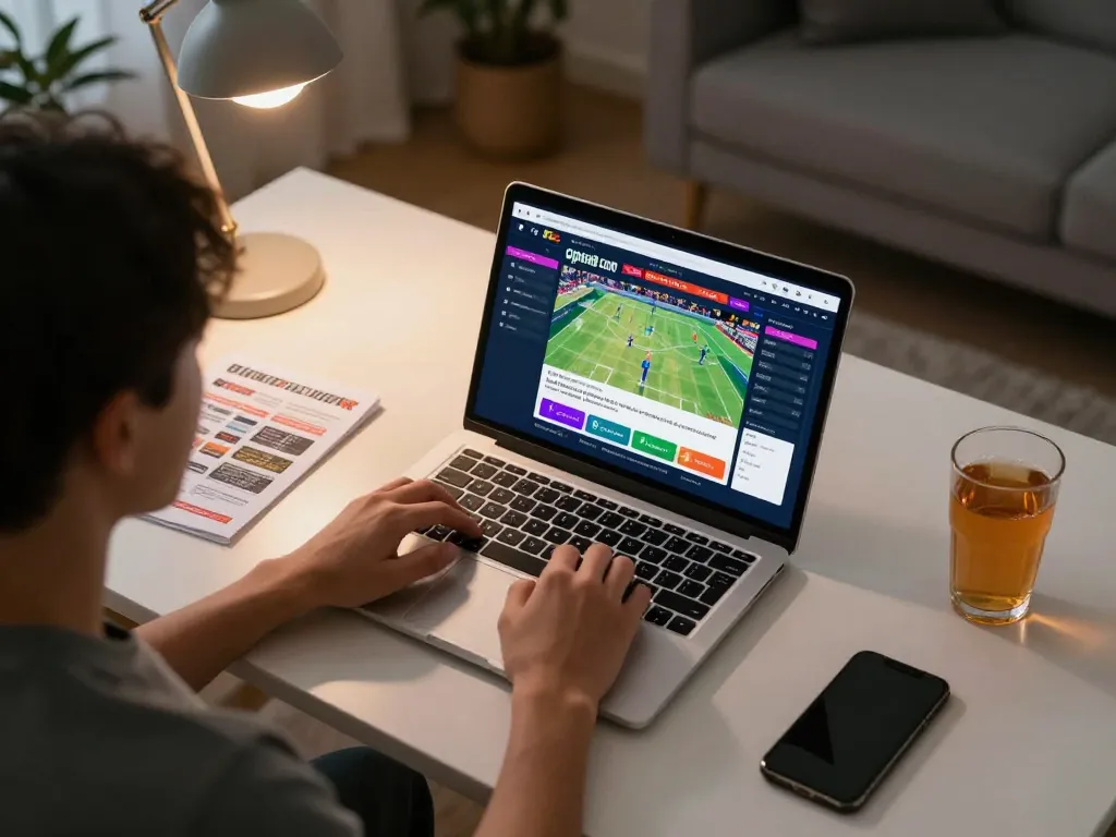 Person actively betting on open88 com with laptop and sports events displayed, showcasing online gambling.