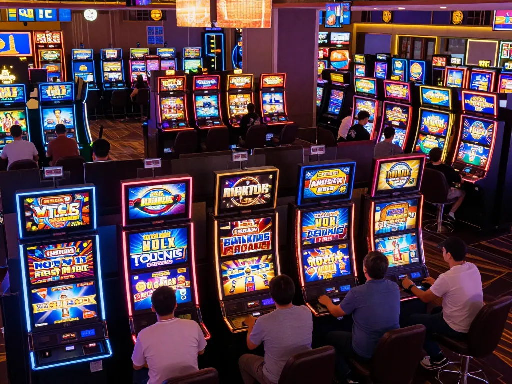 Players enjoying vibrant slot games at qh88go casino, surrounded by colorful machines and neon lights