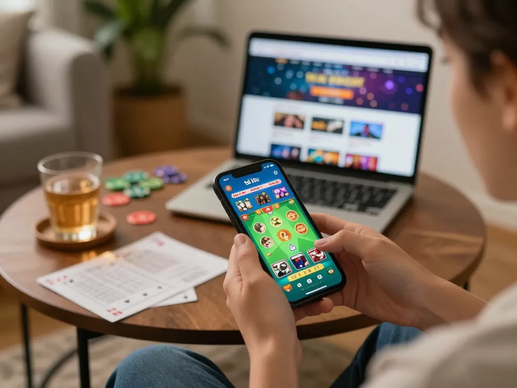 Engaging with the app tài xỉu online during a cozy home gaming session, showing smartphone graphics.