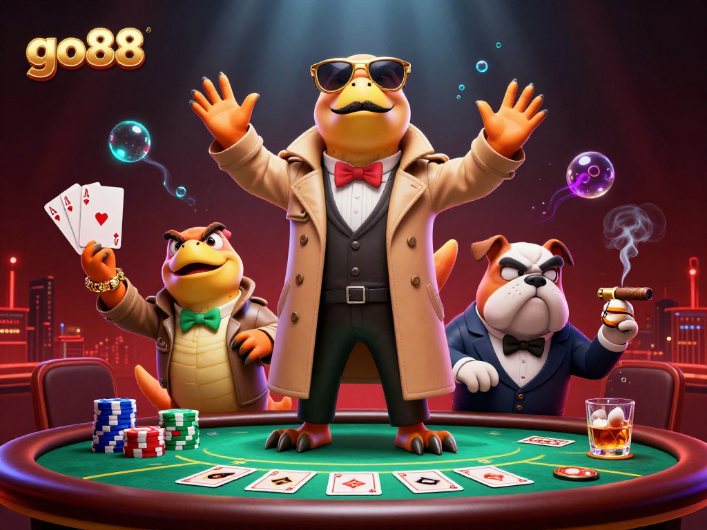 Raptors sneak into the go88 casino, surrounded by vibrant poker elements and a suspicious bouncer.