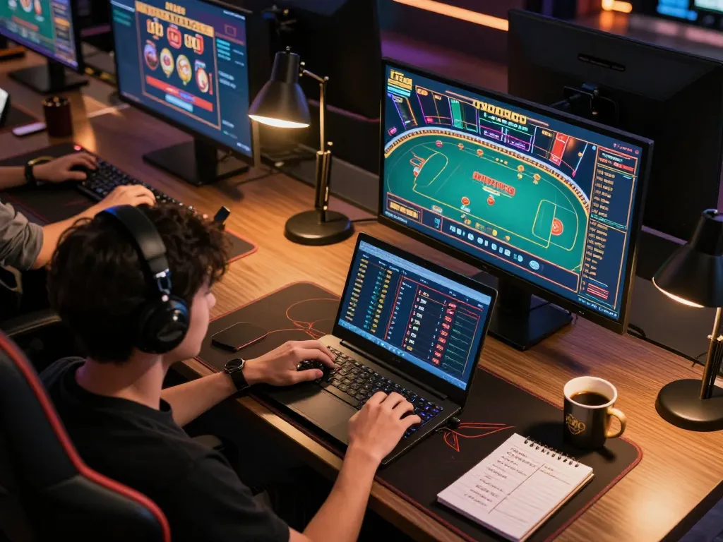 Experience the thrill of online gambling at fly88 with a professional gaming setup showcasing multiple screens and betting strategies.