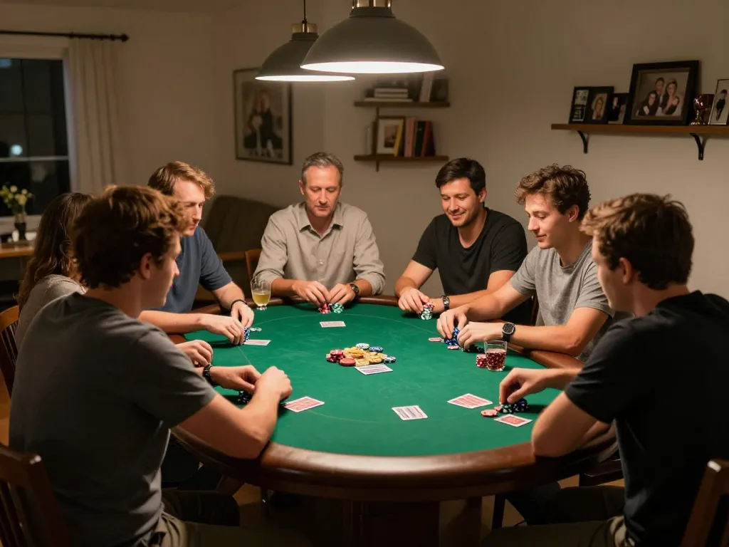 Xibet players engaging in a strategic poker game surrounded by snacks and drinks