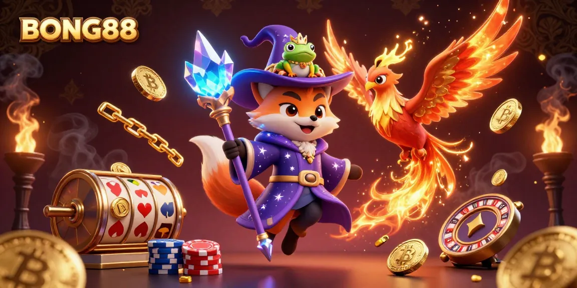 BONG88 elevates your gaming experience with vibrant casino elements in an enchanting scene featuring a mystical wizard and phoenix.