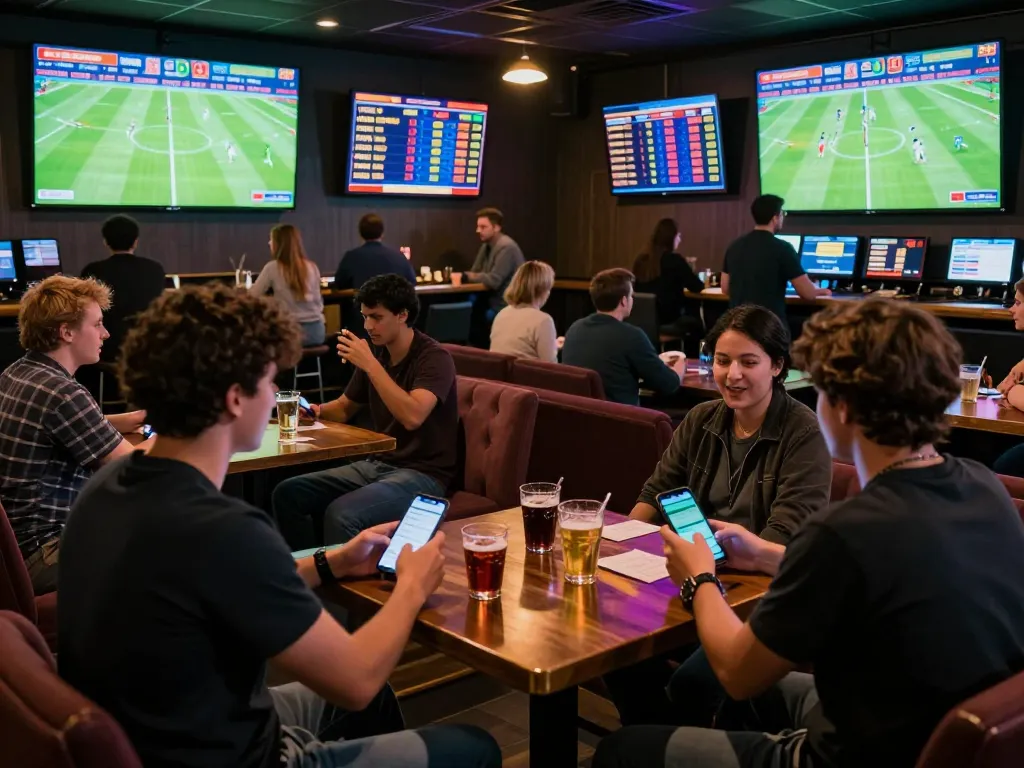 Cakhiatv users engaging in active sports betting through mobile apps in a lively bar setting