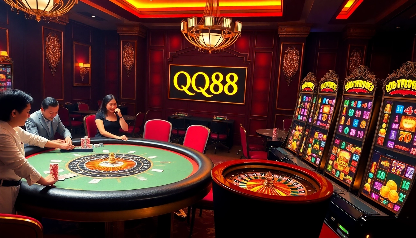 Players enjoying an exciting game at the QQ88 poker table in a luxurious casino setting.