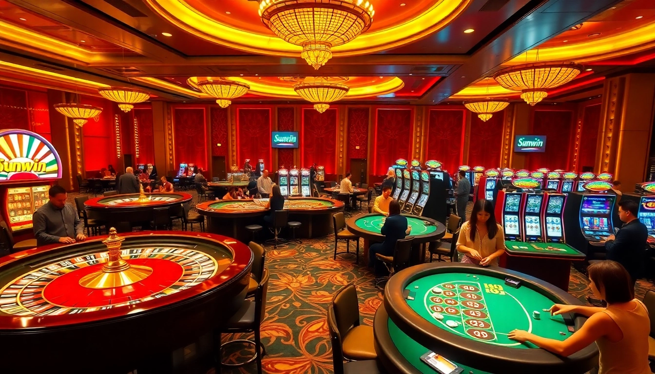 Sunwin players enjoying an exciting casino experience with roulette wheels and poker tables.