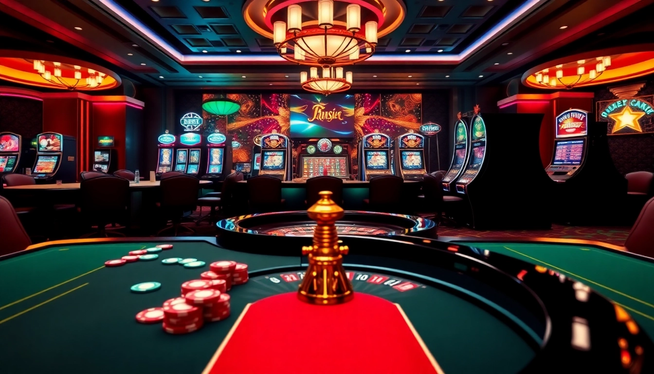 Betting action at https://tr88.autos/ casino featuring poker tables and vibrant slot machines.