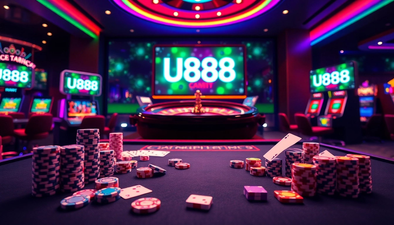 Experience thrilling poker at U888's luxurious casino table with vibrant decor and professional atmosphere.