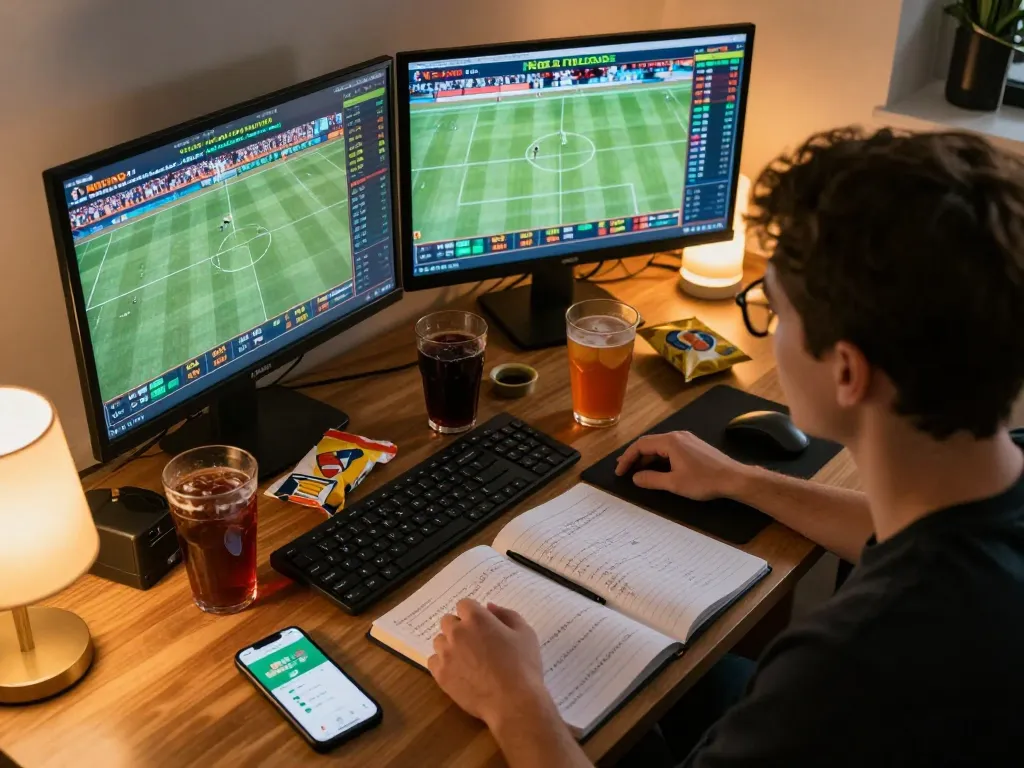 Experience NOHU90 sports betting strategies in an engaging home setup with live screens and analysis.