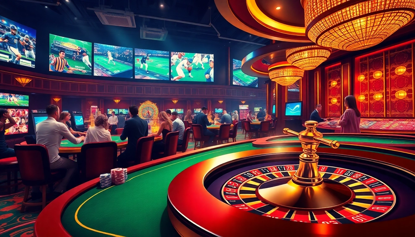 Experience thrilling gambling at https://luongsontv5.com/ with high-energy casino visuals featuring poker tables and roulette wheels.
