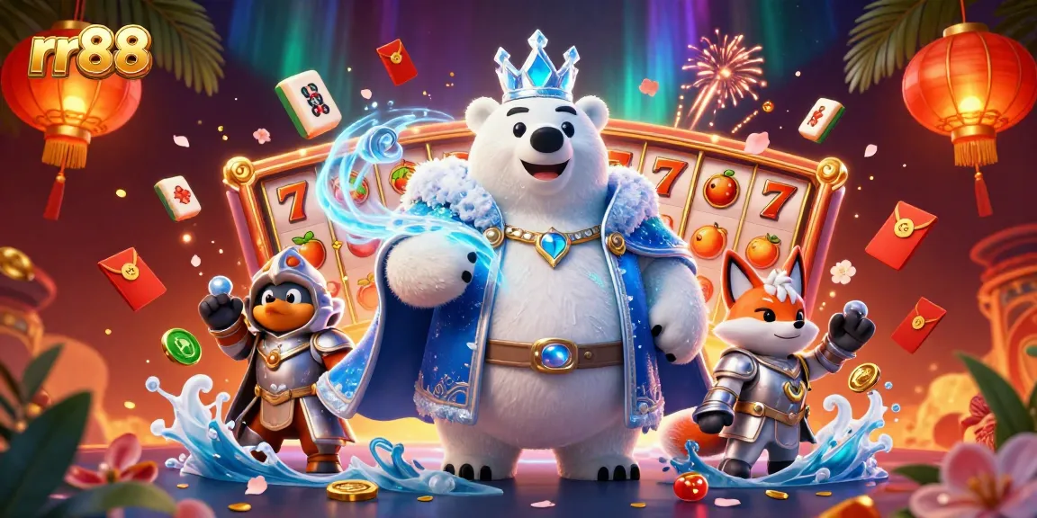 Win at rr88 with immersive 3D polar bear and snow fox characters in a vibrant casino scene.
