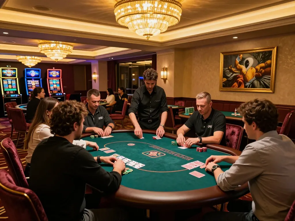 KUWIN high-stakes poker table with players and dealer in an upscale casino, vibrant atmosphere, luxurious gaming.
