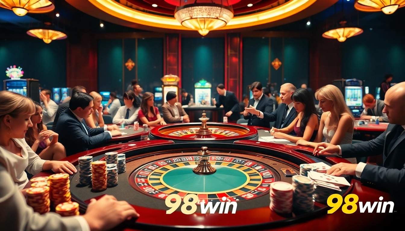 Experience thrilling gameplay at 98win's elegant casino with vibrant roulette and poker action.