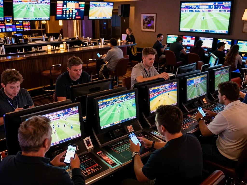 Bongdallu sports betting scene with enthusiastic bettors using apps and screens showing live games.