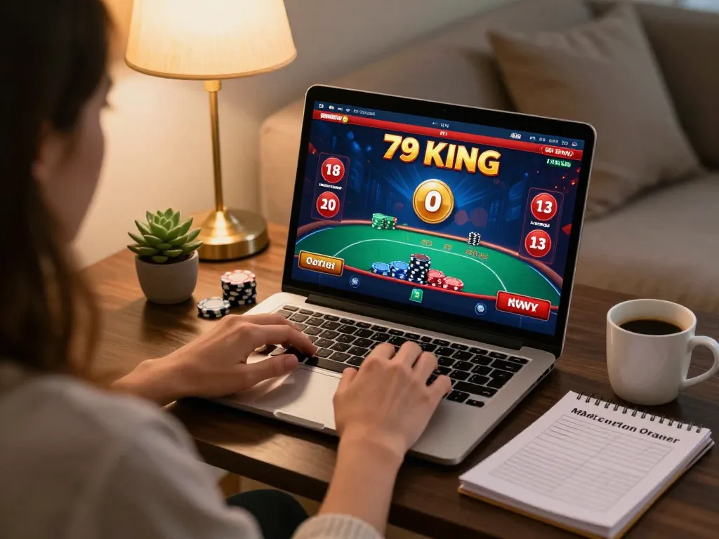 79KING player engaged in thrilling online poker game via laptop at home, showcasing strategic gameplay