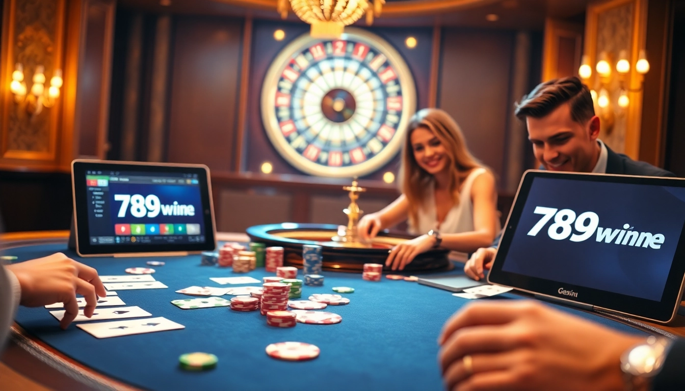 Players enjoying a thrilling poker game with 789win, surrounded by vibrant casino elements.