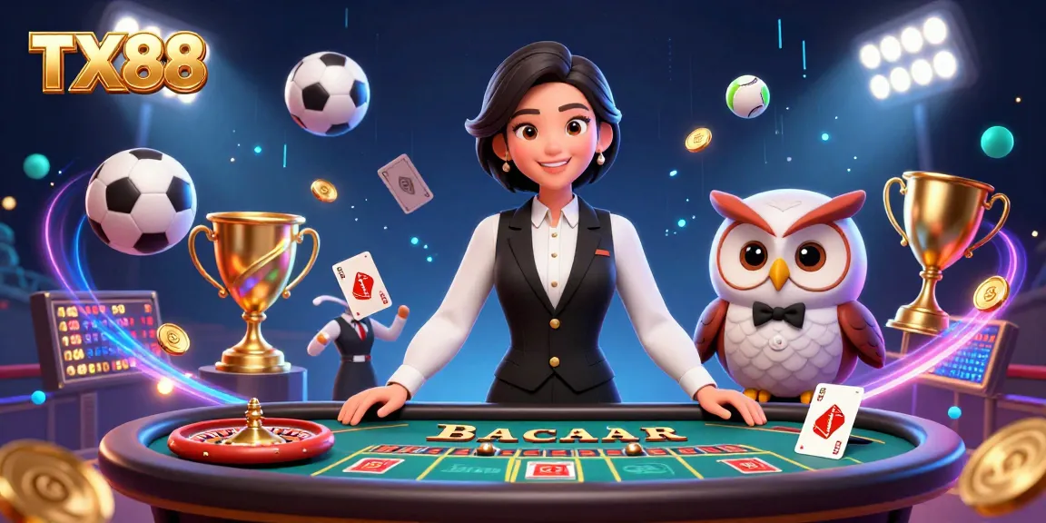Engage with TX88 as Asian woman dealer and owl assistant amid vibrant gaming elements, sports balls, and trophies.