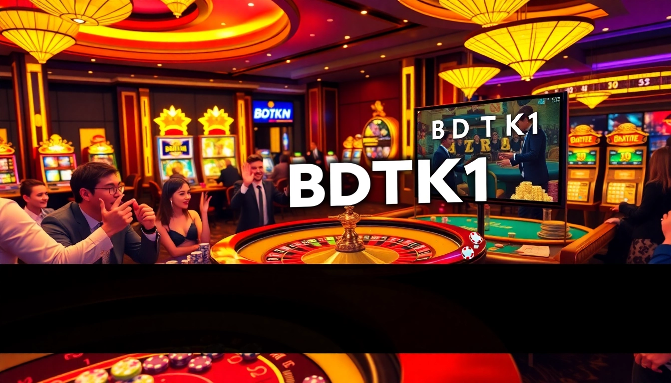 Excitement at the BDTK1 casino as players celebrate wins at poker and roulette tables.