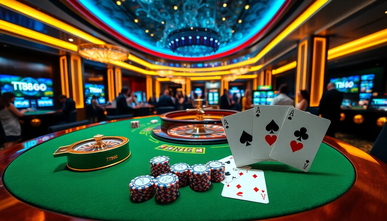 Experience the thrill of gaming at TT88 with an elegant casino scene featuring roulette and poker.