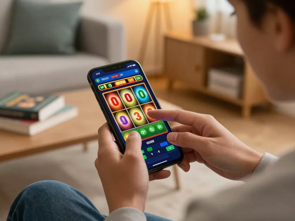 jaeyongkim enjoying online slot gaming on mobile app in cozy home setting