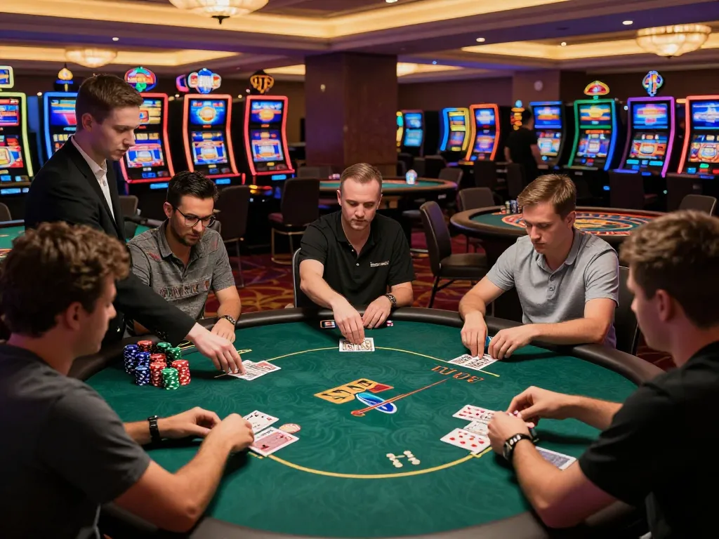 fly88 players engaged in an intense poker game at a lively casino with professional dealer
