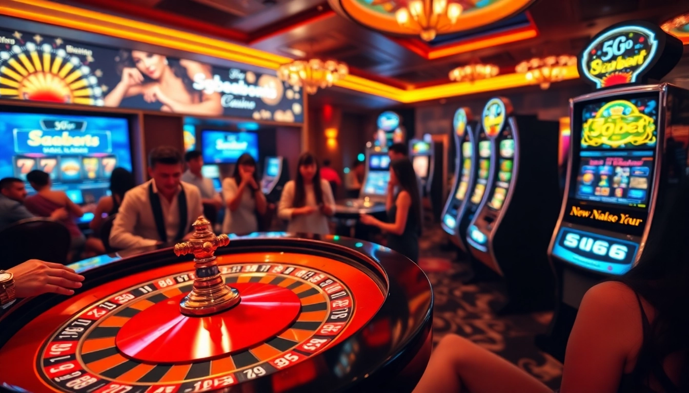 Exciting gaming action at 5GBet casino, featuring roulette and vibrant slot machines.