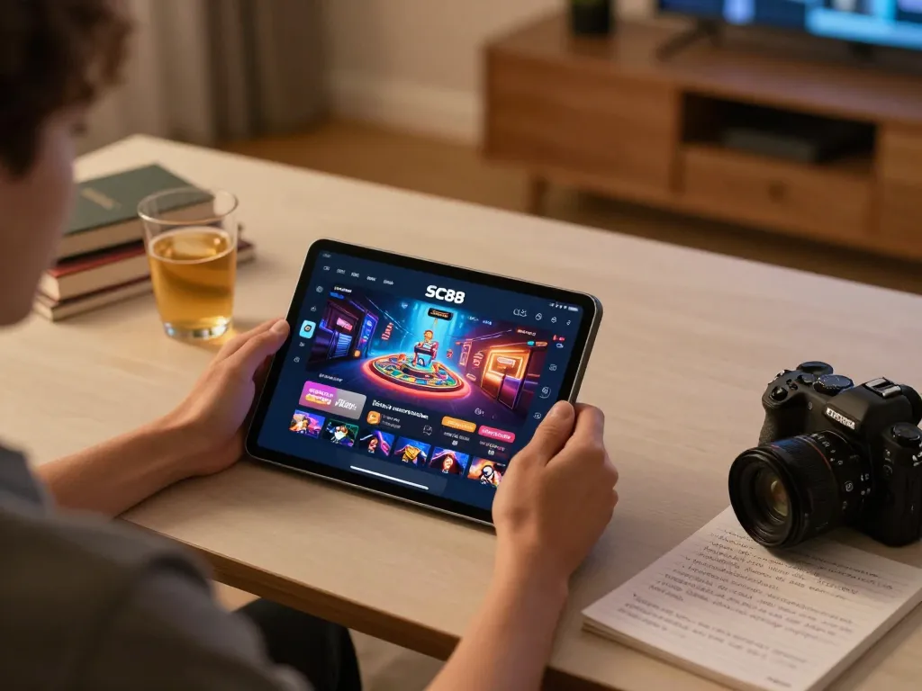 Engaging with the SC88 app on a tablet in a cozy home gaming setup, showcasing responsible gambling.