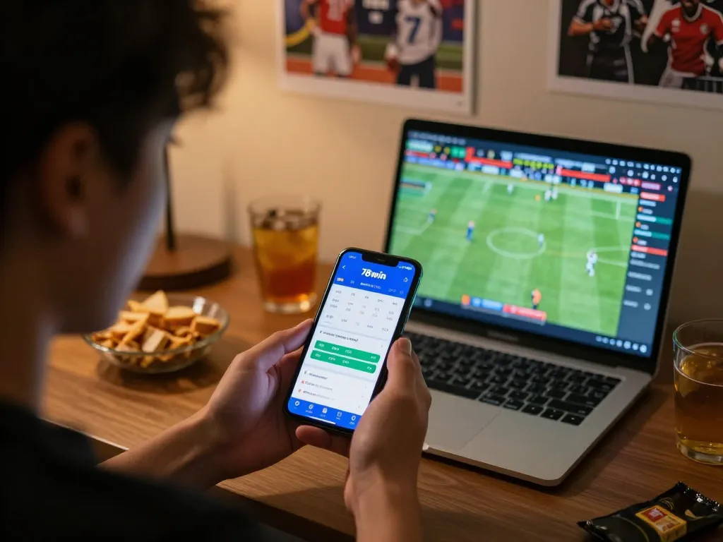 Engaging setup featuring 78win app on smartphone for live sports betting, emphasizing modern gambling