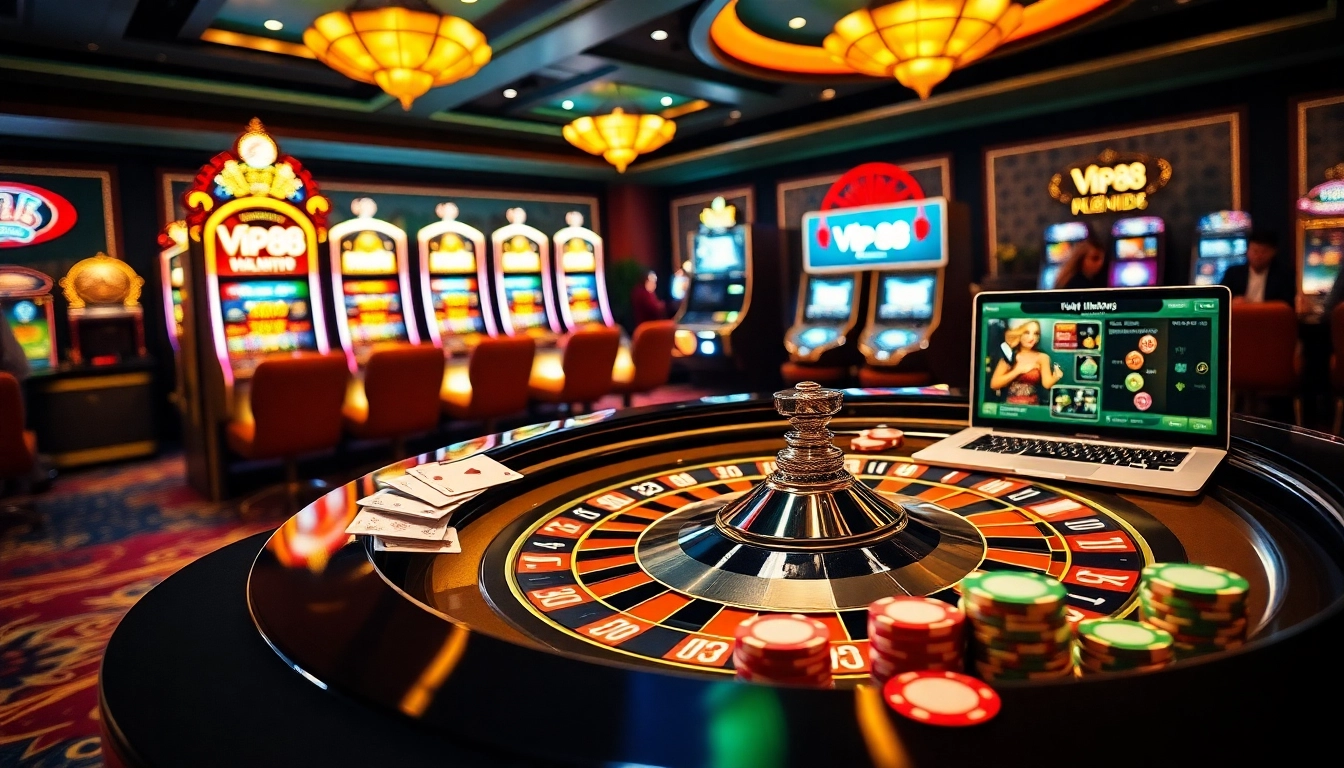 Engage in thrilling gameplay at Vip88 with vibrant casino elements and luxury atmosphere.