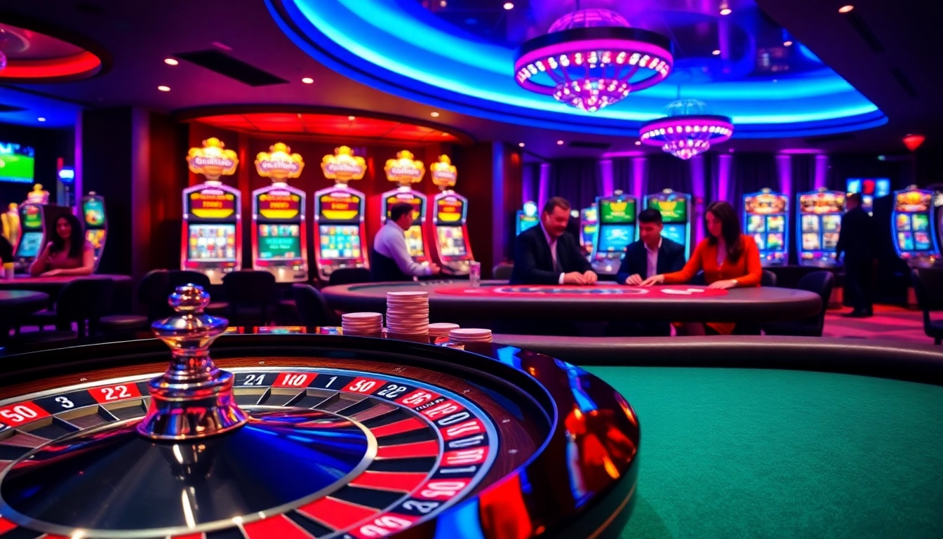 Gamblers enjoying a lively game atmosphere at HITCLUB, with roulette, chips, and blackjack tables.