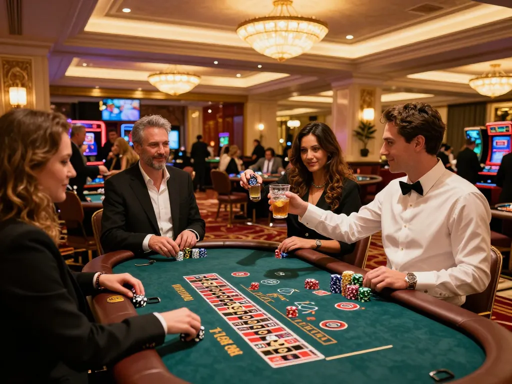 TT88 players celebrating a win at a vibrant casino table, showcasing excitement and camaraderie in a luxurious setting