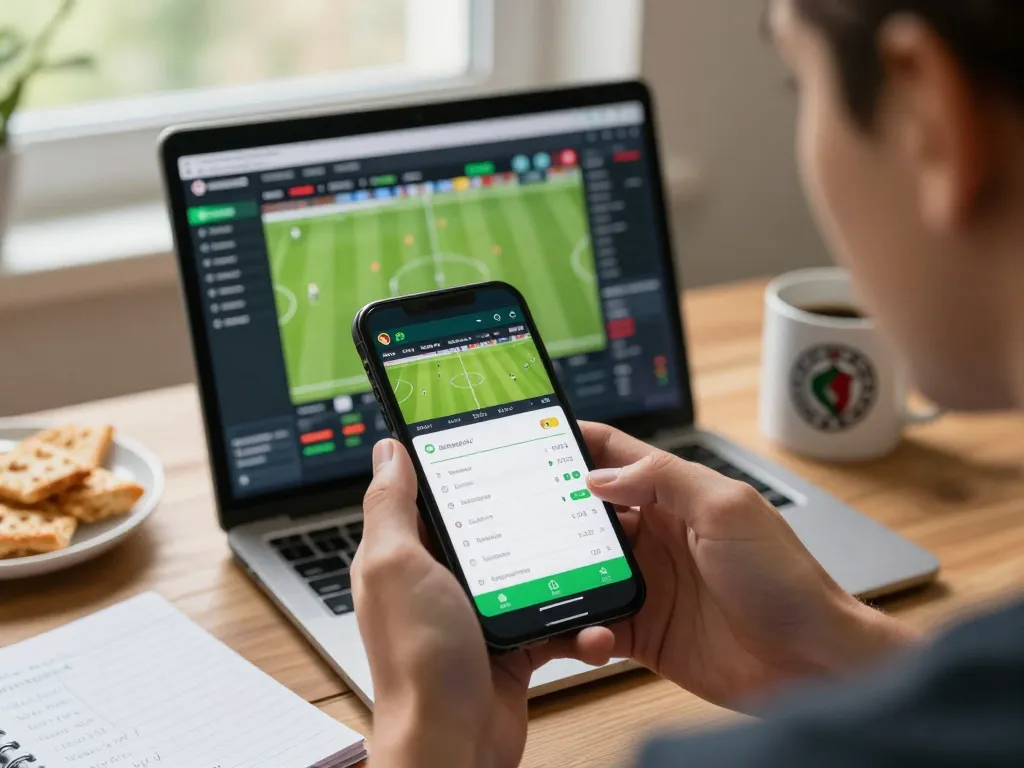 577F betting app in use, user engaged with soccer betting and strategy notes while enjoying a cozy home setting.