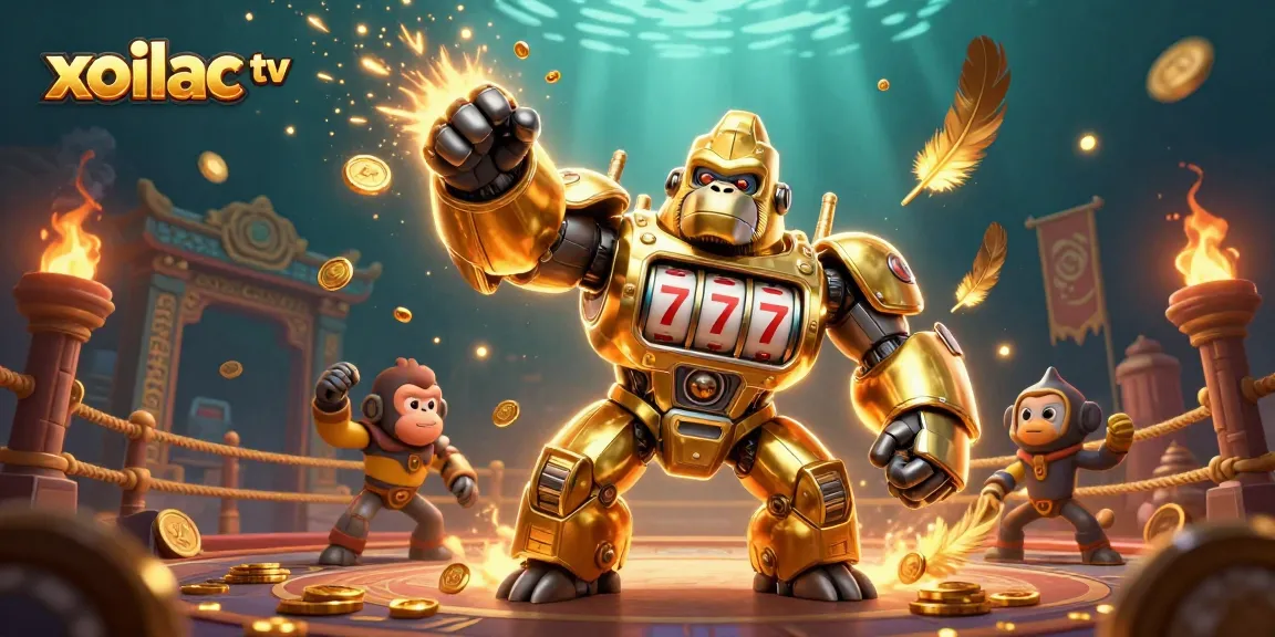 Xoilac TV showcases lively casino-style action with a gorilla mech amidst sparkling elements.