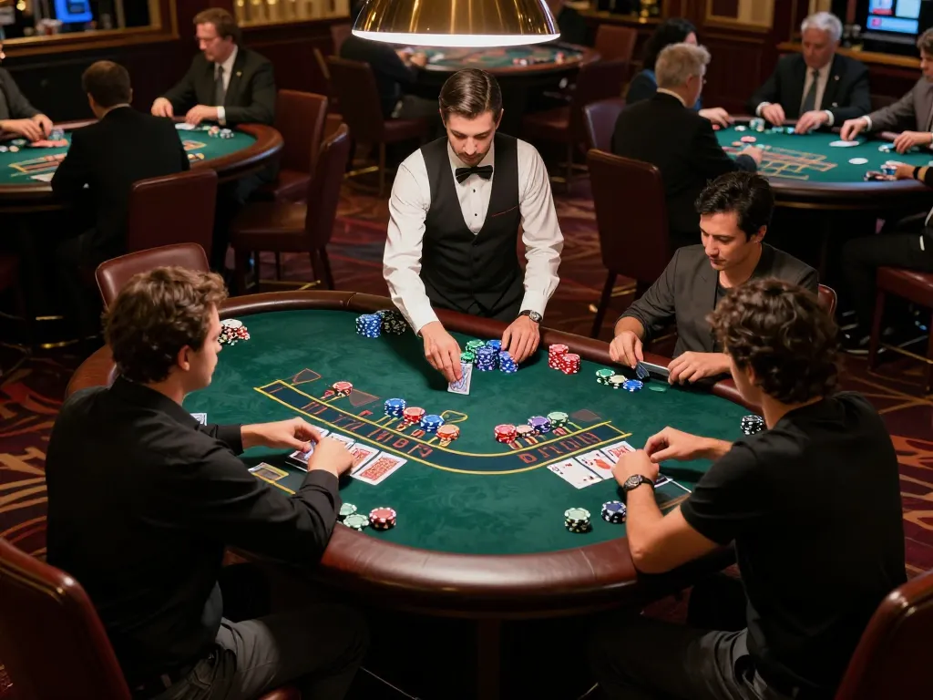 MM88 players placing bets at a thrilling blackjack table, showcasing vibrant chips and focused action.