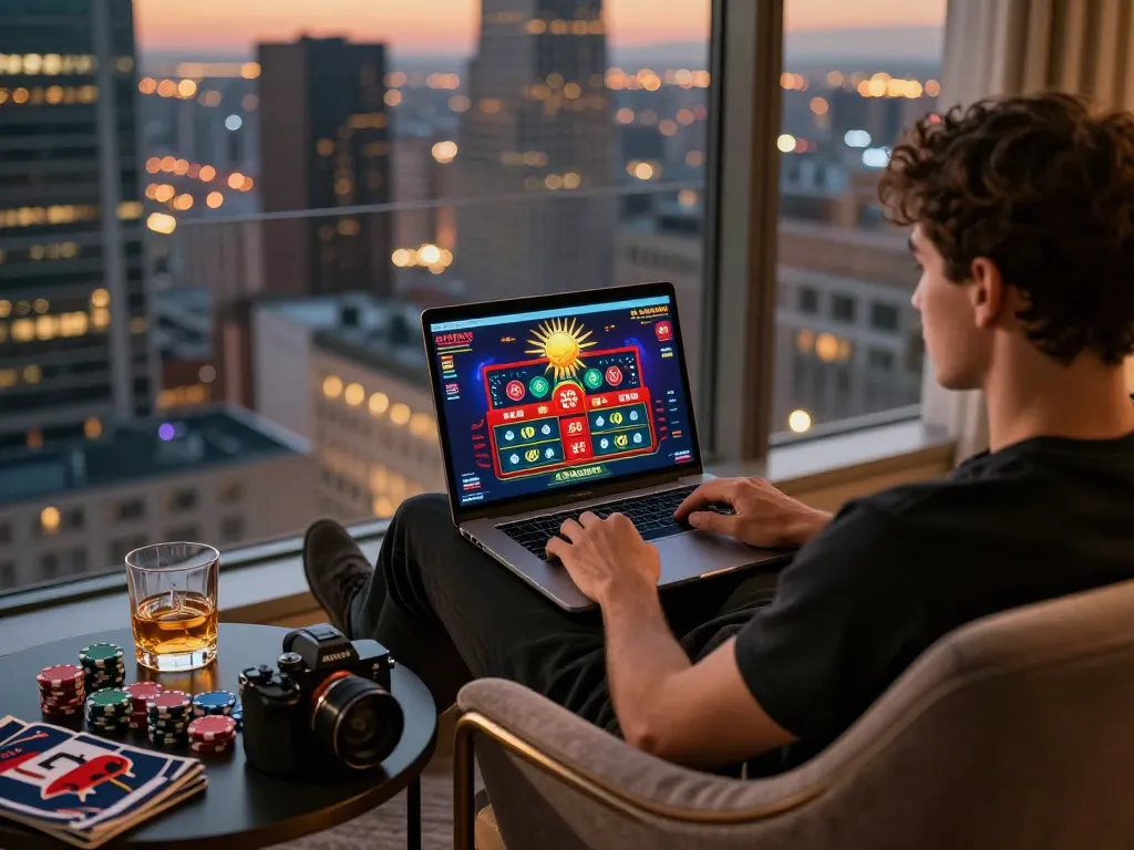 Engaging in online gaming with sunwin on laptop while enjoying panoramic city views.