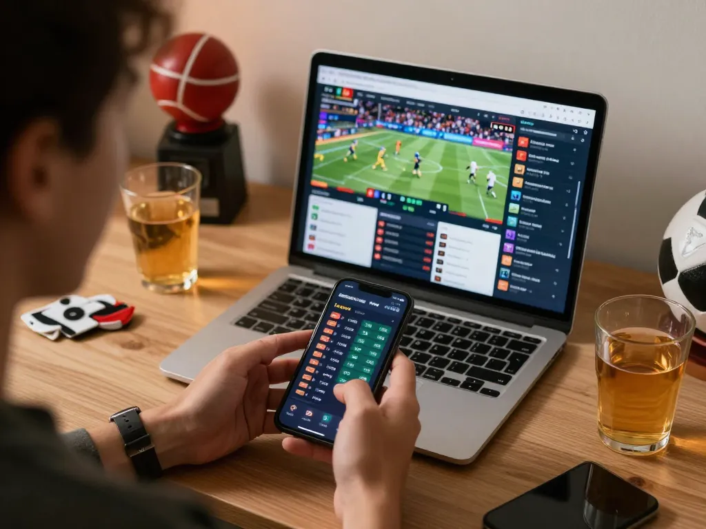 88vv user engaging in online sports betting with live odds on smartphone in a cozy office setup