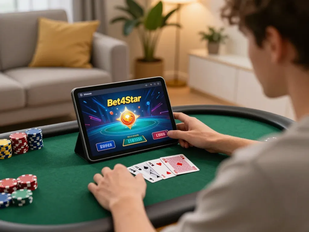 Engaging player enjoying poker on Bet4Star platform in a cozy home setting.
