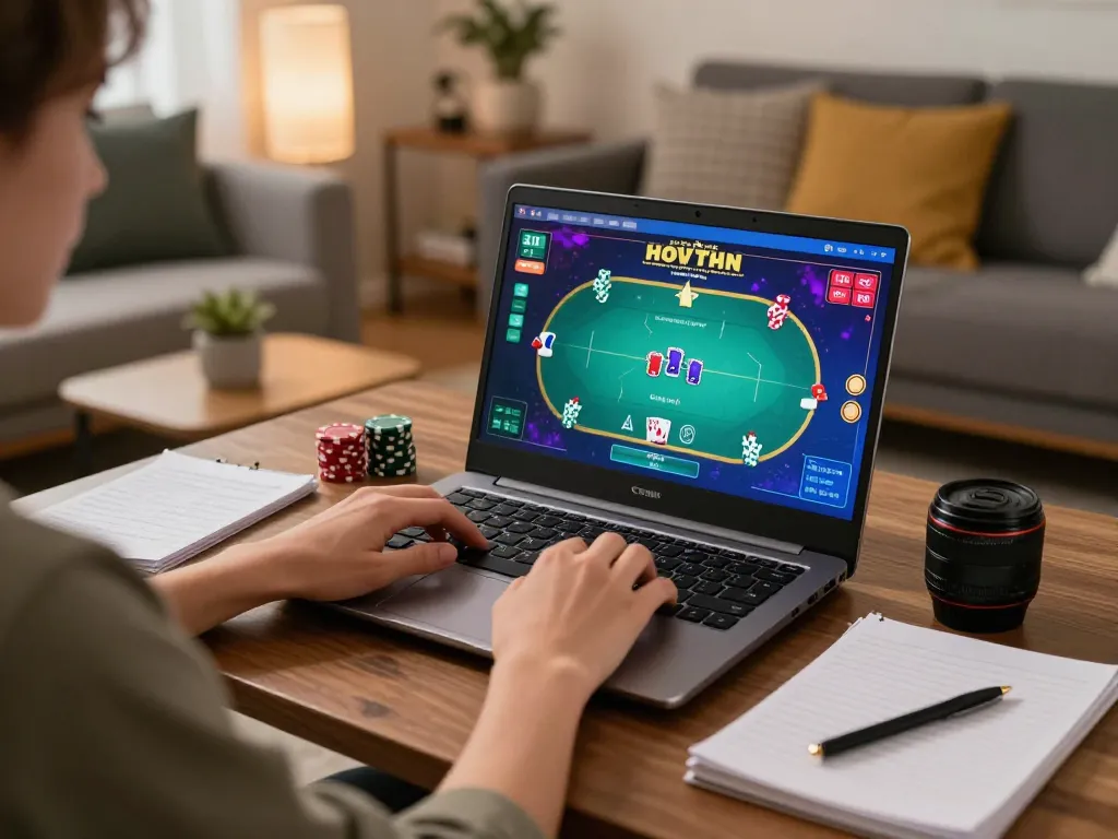 Player strategizing with vvvwin poker app from home, showcasing relaxing gaming setup.
