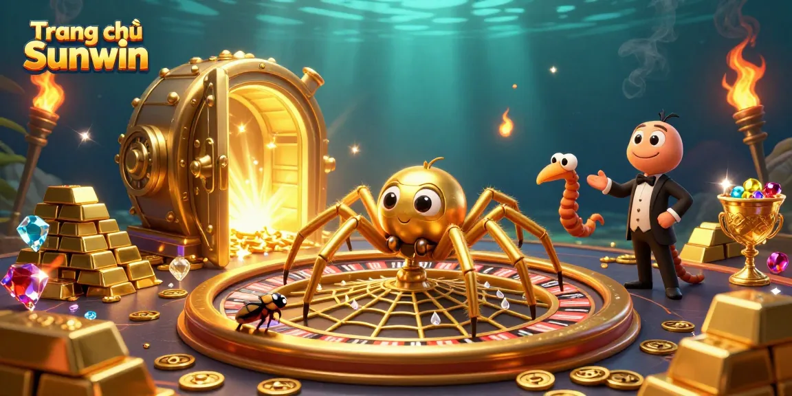 Place bets confidently at Trang chủ Sunwin with a vibrant casino-themed scene featuring a golden spider spinning a roulette wheel.