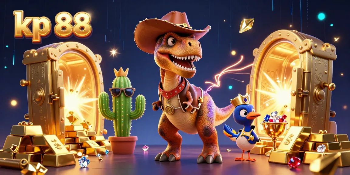 Players enjoy exhilarating gaming with kp 88, featuring a cowboy dinosaur, treasure vault, and vibrant casino elements.