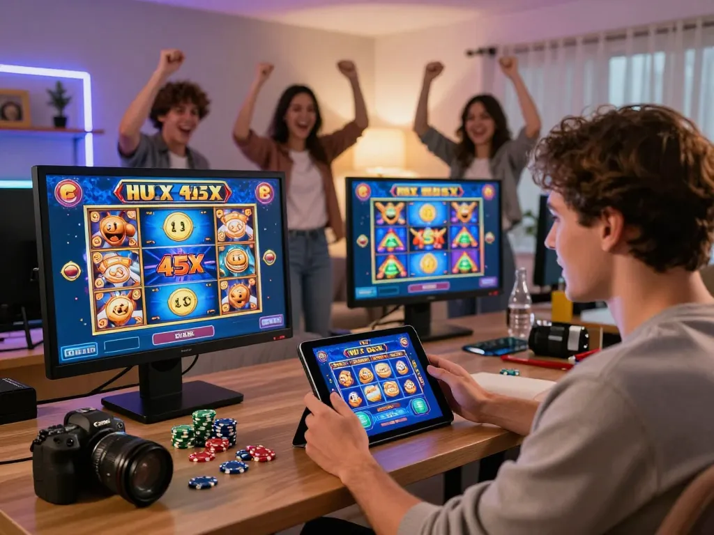 Engaged player enjoying 45X online slots experience with friends in a vibrant and cozy home setting.