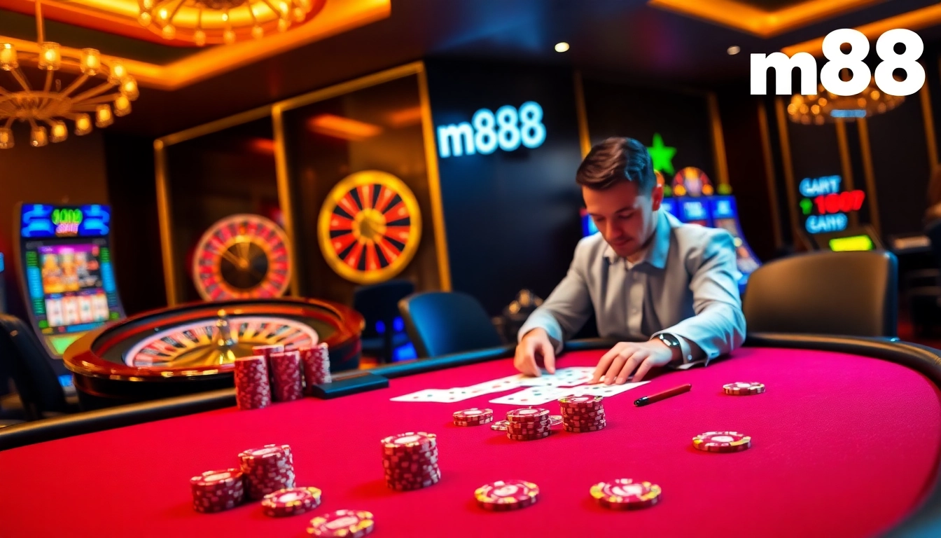 Experience the thrill of m88 with an exciting casino atmosphere showcasing poker and roulette games.