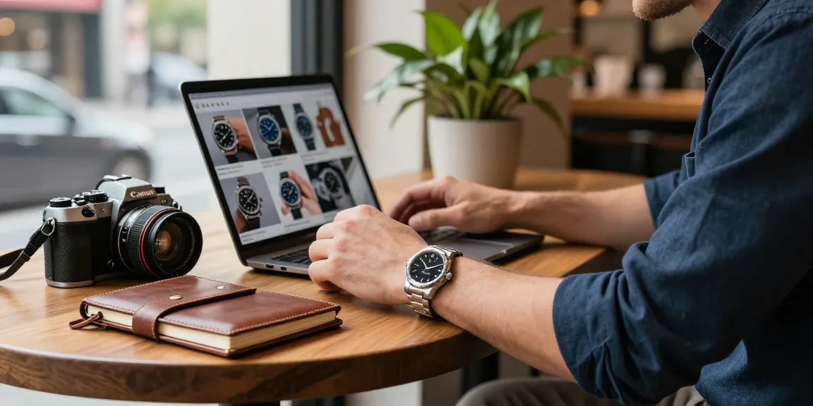 Replica watches displayed on wrist in cafe setting, lifestyle moment with vintage camera and laptop.