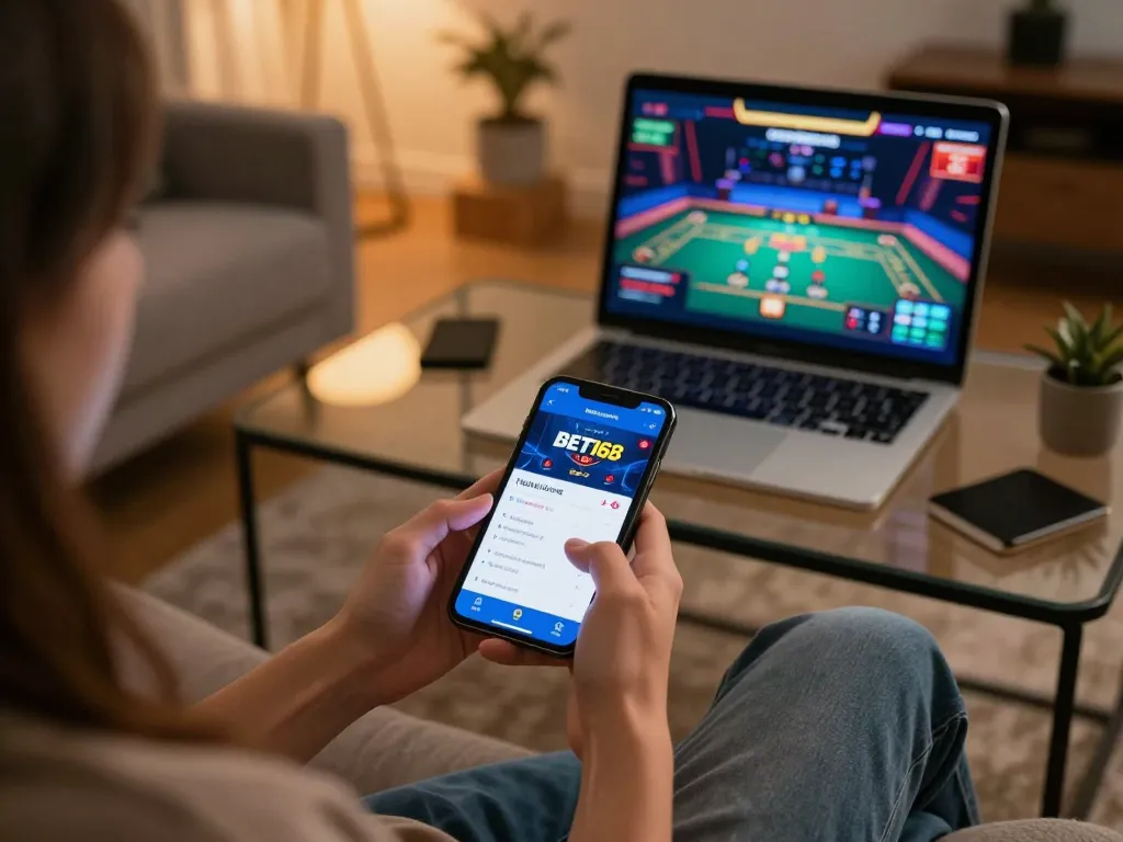 Engaging with the BET168 mobile app, a player enjoys a strategic online gaming experience in a cozy home setup.