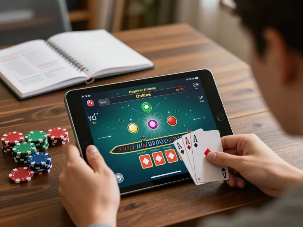 Player engaged in online blackjack at home, using a tablet with vegas88 interface and strategy notes around.