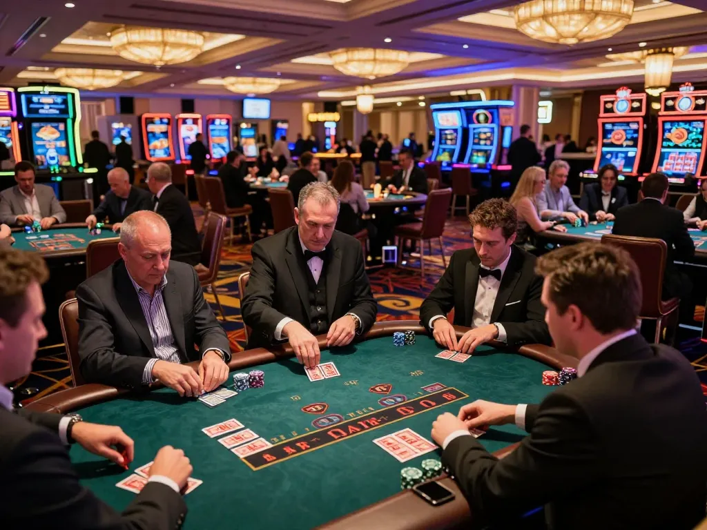 Alo8 players strategizing at a vibrant blackjack table in Las Vegas, capturing excitement in the casino.