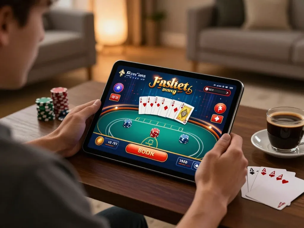 Engaged player enjoying thabete online poker game on tablet in cozy living room.